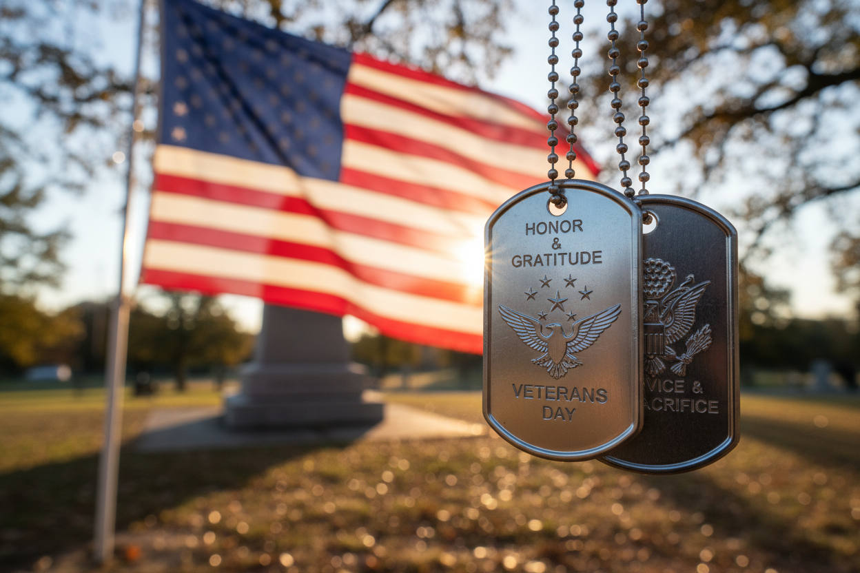 American flag and dog tags thank you veterans